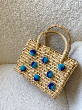 Blue Pom-Pom Straw Tote Beach Bag